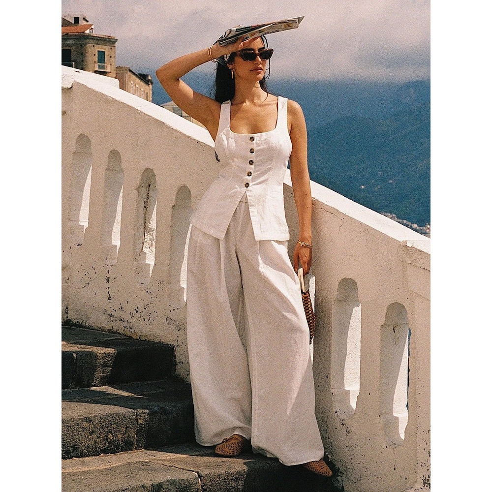 L*Space Sofie Vest White Linen Button Front Square Neck Sleeveless Top